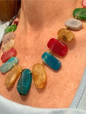 Lucas Lameth Necklace Sterling Clasp Silver Multicolor Agate Slab Statement- 21”